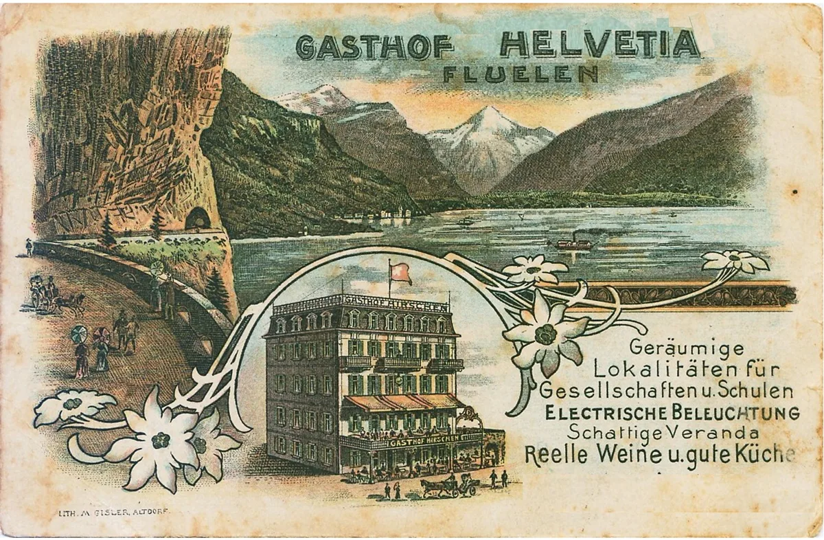 Eine historische Postkarte mit der Zeichnung eines Hotels am See.
